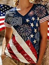 יום העצמאות האמריקאי בגדי ריקוד נשים חולצה קצרה דפוס גראפי דגל אמריקה וינטאג' מסוגנן קלסי שרוולים קצרים צווארון V חולצות רגילות יומי פול שחור כחול נייבי סגול קיץ אביב סתיו