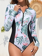 levne Jednodílné plavky-Dámské Plavky Jeden kus Monokini Plavky Zaštíhlující Vysoký pas Štíhlý prázdniny Oblečení na pláž Květinový Kulatý Dlouhý rukáv Plavky