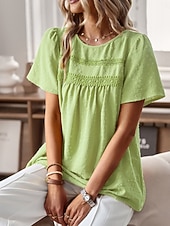 cheap Plain Blouses-Women's Summer Shirt Casual Shirt Blouse Lace Trim Solid Color Vacation Stylish Casual Short Sleeve Crew Neck Regular Tops Daily Beach Holiday Blue Black White Pink Red Summer Spring