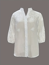 Недорогие Кружевные топы-Жен. Блуза Вышивка Пуговицы Сплошной цвет Элегантный стиль Стиль Классический Рукав 3/4 V-образный вырез Обычные топы Повседневные Белый Лето Весна Осень
