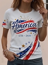 abordables Día de la Independencia Top-Día de la Independencia Aniversario Americano Patriótico Camiseta para Mujeres Gráfica Bandera Nacional Vintage Estilo Clásico Manga Corta Cuello Redondo Diaria Fin de Semana Impresión Blanco-Azul