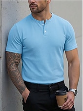 ieftine Tricou casual Henley-Bărbați Cămașă Henley Waffle Tee Top Manșon scurt Henley Vară Culoare solidă Modă Designer Comfortabil Nasturi Simplu Casual Zilnic În aer liber Negru Roz Alb Top tricou pentru bărbați