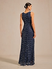  Women's Maxi Dress Sheath Dress Elegant Evening Party Wedding Guest Sequins Ruffle Glitter Regular Fit Solid Color Sleeveless Crew Neck Navy Blue
