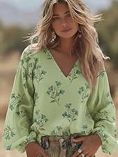 preiswerte Wesentliche Falsche Hemden-Damenbluse Leinenähnlich Atmungsaktiv Leicht Floral Grafik Elegant Bohème Vintage Langarm V-Ausschnitt Reguläre Oberteile Täglicher Feiertag Patchwork Druck Blau Schwarz Pink Grün Sommer Frühling