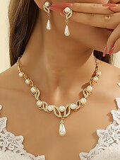 preiswerte Hochzeit ACC-Elegantes Schmuckset aus Imitationsperlen für Damen, bestehend aus Halskette und Ohrringen in Gold- und Silberfarben mit Kristallakzenten, perfekt für Hochzeiten und festliche Anlässe.