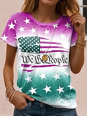  Dia da Independência Patriótico Camiseta de Mulheres Estampa Gráfica Bandeira Letra Vintage Moda Estilosa Manga Curta Gola Careca Regulares Tops Dia a Dia Impressão Vermelha Roxa Verde Caqui Verão