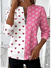 tanie Koszulki na Walentynki-Walentynki Damskie Podkoszulek Zamek Nadruk Serce Miłość Graficzny Bohema Tropikalny Hawajskie Długi rękaw W serek Zwykłe topy Codzienny Wyjściowe Weekend Niebieski Rumiany róż Czerwony Pomarańczowy