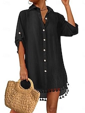 お買い得  ビーチドレス-女性用 ミニドレス 白いドレス ビーチドレス 黒いドレス シャツドレス エレガント ファッション クラシック 日常 アウトドア ビーチ ルーズフィット 平織り 七分袖 シャツカラー ブラック ホワイト 夏 春