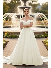  فساتين زفاف A-الخط V رقبة بدون كم ذيل مثل الفرشاة ساتان فساتين الزفاف مع روش لون صلب