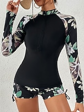 levne Tankiny-Dámské Plavky Tankini 2 ks Kraťasy Plavky Zaštíhlující Vysoký pas Štíhlý prázdniny Oblečení na pláž Květinový Stojáček Dlouhý rukáv Plavky