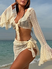 cheap 3 Pieces Bikini Set-Women's Swimwear Bikini Three Piece Cheeky Swimsuit Slim Backless Vacation Beach Wear Solid Color Halter Neck Sleeveless Long Sleeve Bathing Suits
