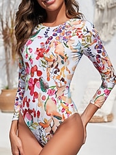 tanie Stroje kąpielowe jednoczęściowe-Damskie Stroje kąpielowe Jeden kawałek Monokini Kostium kąpielowy Wyszczuplenie brzucha Wysoka talia Szczupła Odkryte plecy Urlop Stroje plażowe Kwiaty Okrągły dekolt Długi rękaw Kostiumy kąpielowe