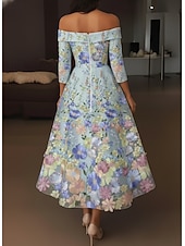  A-Line Tea Length Cocktail Dresses Elegant Vintage Floral Half Sleeve Off Shoulder Garden Party Wedding Pocket Satin Lace Cowl Back with Embroidery Pocket