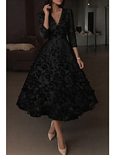  A-linje Ankellengde Cocktailkjoler Elegant Årgang Blomster Halvlange ermer V-hals Bryllup Formell Rosa kjole Sateng Blonder med Broderi Lomme