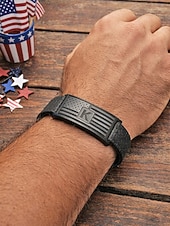 cheap Men's Jewelry-Men's Adjustable Alphabet Bracelet with Stainless Steel Flag Plate, Polyester Elastic Band, 26 Initial Letters, Patriotic Wristband for US 250th Anniversary &amp; Independence Day
