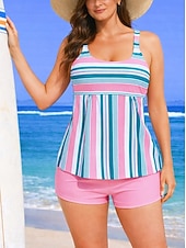economico Surfing Tankinis &amp; Bikinis-Per donna Costume da bagno Tankini Costume da bagno a due pezzi A righe Controllo della Pancia Elastico Senza Maniche Costume da Bagno Surf Spiaggia Vacanze Estate