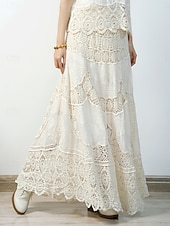 baratos Saias de Férias-Mulheres Saia de renda Boêmia Moda Casual Longo Cintura Média Saias Cor Sólida Renda Buraco Sem Elasticidade Diário Férias Branco Bege Verão Algodão