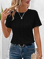 economico T-shirt semplice-Per donna T-shirt con ricamo a occhielli Tinta unica Vintage Elegante Casual Manica Corta Scollo a V Top Regolari Quotidiano Uscire Nero Bianco Blu turchese Estate Primavera