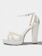 cheap Bride-Women's Ivory Platform Chunky Block Heel Sandals, Pearl-Embellished Ankle Strap Bridal Shoes for Church Weddings