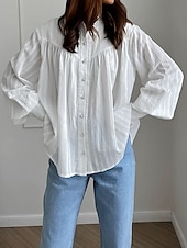 preiswerte Wesentliche Falsche Hemden-Damen Hemd Sommeroberteile Bluse Kunstbaumwollleinen Gerafft Patchwork Knöpfe Einfach Elegant Damen Klassisch Langarm Puffärmel Hoher Ausschnitt Normale Oberteile Täglich Arbeit Ferien Weiß Sommer