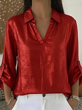 tanie Gładkie bluzki-Damskie Koszula Codzienna koszula Równina Zabytkowe Elegancki Klasyczny Długi rękaw W serek Zwykłe topy Codzienny Święto Wyjściowe Czarny Biały Czerwony Złoty Wiosna Jesień