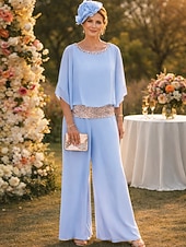 billiga Mammas byxdräkter-Tvådelad Byxor Golvlång Klänning till brudens mor Halvlång ärm Båthals Elegant Vintage Enkel Bröllopsgäst Helgdag Formell kväll Chiffong med Paljett