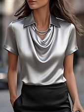 Недорогие Простые блузки-Жен. Атласная рубашка Рубашка Блуза Сплошной цвет Элегантный стиль Мода На каждый день С короткими рукавами Отложной Обычные топы Повседневные Офис Синий Черный Белый Желтый Серый Лето Весна