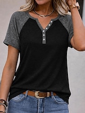  Damen T-Shirt Farbblock Knöpfe Vintage Stilvoll Lässig Kurzarm V Ausschnitt Normale Oberteile Täglich Ausgehen Schwarz Wein Sommer Frühling