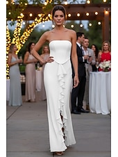  Tubino Colonna Lunghezza al pavimento Abito Bianco Piccolo vestito bianco Elegante Schiena Scoperta Senza Maniche Senza Spalline Matrimonio Formale Crepe Elasticizzato Senza schiena con Volant