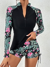 levne Tankiny-Dámské Plavky Tankini 2 ks Kraťasy Plavky Zaštíhlující Vysoký pas Štíhlý prázdniny Oblečení na pláž Květinový Stojáček Dlouhý rukáv Plavky