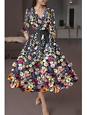 cheap Cocktail Dresses-A-Line Tea Length Cocktail Dresses Elegant Vintage Floral Half Sleeve V Neck Garden Party Wedding Pocket Satin Lace with Embroidered Flower Embroidery Pocket