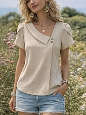 abordables Blusas Sencillas-Mujer Camisa de verano Camisa casual Blusa Botones Color sólido Elegante Casual Manga Corta Escote en Pico Tops regulares Diario Playa Festivos Negro Rojo Azul Marino Verde Trébol Albaricoque Verano