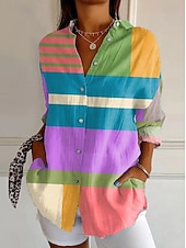 tanie Pasiaste i geometryczne bluzki-Damskie Koszula Bluzka Niejednolita całość Guziki Nadruk Graficzny Geometryczny Kratka Zabytkowe Tropikalny Codzienny Długi rękaw Kołnierzyk koszuli Zwykłe topy Codzienny Niebieski Czarny Biały Żółty