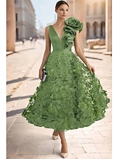  A-Line Tea Length Cocktail Dresses Elegant Vintage Floral Sleeveless V Neck Garden Party Wedding Pocket Satin Lace with Embroidered Flower Embroidery Pocket