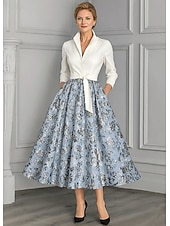  A-linje Ankellengde Gjestekjole til bryllup Formell kjole Aftenkjole Kjole til brudens mor 3/4 ermer Knaphul Elegant Årgang Formell Bryllupsgjest Semi-formelt Jacquard med Belte / bånd Sløyfe(r)