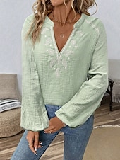 billige Enkle bluser-Dame Popover skjorte Uformell skjorte Bluse Broderi Paisly Elegant Bohem Fritid Langermet V-hals Vanlige topper Daglig utendørs Ferie Svart Hvit Navyblå Grønn Sommer Vår