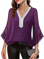 baratos Blusas Elegantes-Mulheres Blusa Tops de lantejoulas Patchwork Bloco de cor à moda Moderno Manga 3/4 Sino Decote V Tops regulares Diário Feriado Para Noite Azul Preto Vermelho Verde Verão Primavera