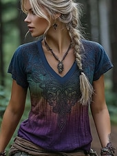 baratos T-shirt Boho-Camiseta Viking Boho Feminina Gráfica Geométrica Tribal Boêmia Vintage Estilosa Manga Curta Gola V Tops Regulares Diários Saindo Fim de Semana Impressão Roxa Verão Primavera Outono