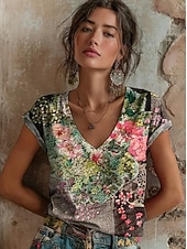 tanie koszulka w kwiaty-Damskie Podkoszulek Nadruk Kwiaty Graficzny Zabytkowe Elegancki Klasyczny Krótki rękaw W serek Zwykłe topy Codzienny jesion Czarny Jasnozielony Czerwony Zielony Lato Wiosna