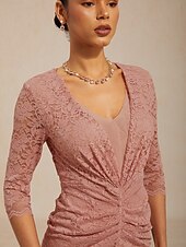 preiswerte abendkleider-Damen-Midikleid, Etuikleid, figurbetontes Kleid, Lochstickerei, Illusionsspitze, gerafft, elegant, für jeden Tag, Hochzeit, als Gast, Date, normale Passform, Blumenmuster, 3/4-Ärmel, V-Ausschnitt,