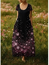  Mulheres Vestido maxi longo Vestido casual Vestido Boho Vintage Diário Ao ar livre Praia Ajuste Largo Floral Manga Curta Decote U Preto Verão Primavera