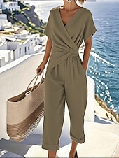 abordables Conjuntos de dos piezas-Mujer Conjuntos de pantalones parte superior del bolero Manga Corta Escote en Pico Plano Frunce Elegante Moda Ropa de calle Casual Diario Exterior Azul Piscina Caqui Beige Verano Ajuste regular
