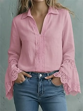 preiswerte Spitzenoberteile-Damen Bluse Elegante Oberteile Spitzentops Gerafft Spitze Patchwork Einfarbig Einfach Elegant Damen Stilvoll Langarm V Ausschnitt Normale Oberteile Täglich Arbeit Ferien Blau Schwarz Weiß Rosa