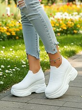 billiga Damsneakers-vita stickade slip-on-platåskor med kilklack för kvinnor – bekväma, grova athleisure-skor för dagliga promenader, ärenden och resor