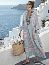  Naisten Maxi Mekko Pellavamaista Hengittävää Kevyet Aurinkomekko A-linjainen Mekko Lomamatka Vapaa-ajan Boho Ranta Ulkoiluksi Kukka Graafinen Geometrinen Pitkä Hiha V Kaula Blue Punainen Taivaan