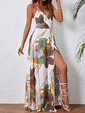 tanie Sukienki kwiatowe na co dzień-Damskie Sukienka maxi Codzienne sukienki Sukienka w kwiatki Sukienka na ramiączkach Elegancja Moda Nowoczesny Na zewnątrz Urlop Wyjściowe Regularny Kwiaty Bez rękawów W serek Biały Lato Wiosna