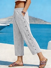 baratos Fundos Falsos Essenciais-Mulheres Linho de algodão sintético Calças Calça verão Clássico Casual Comprimento total Natural Listrado Bolsos Respirabilidade Macio Confortável Micro-Elástica Rua Roupa Diária Azul de céu claro