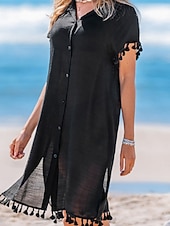 economico Abiti da spiaggia-Per donna Abito al ginocchio Abito da Spiaggia Abito nero Copricostume Elegante Moda Classico Quotidiano All'aperto Spiaggia Vestibilità comoda Semplice Manica Corta Colletto a Camicia Nero Estate