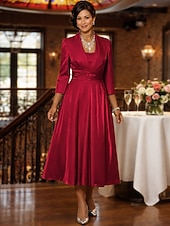 baratos Conjuntos de vestidos para mamãe-Duas Peças Linha A Longuette Vestido de convidada de casamento Vestido Para Mãe dos Noivos Manga 3/4 Decote Quadrado Elegante Vintage Tamanhos Grandes Convidado do casamento Vestidos de jaqueta com