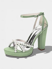 cheap Bride-Women's Ivory Platform Chunky Block Heel Sandals, Pearl-Embellished Ankle Strap Bridal Shoes for Church Weddings